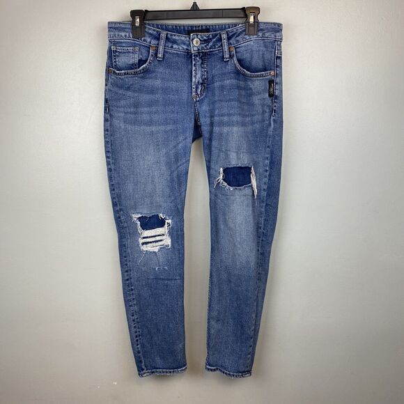 Silver Jeans Co Boyfriend Jeans Womens 27 Blue Distressed Ripped Stretch Denim - Picture 1 of 13